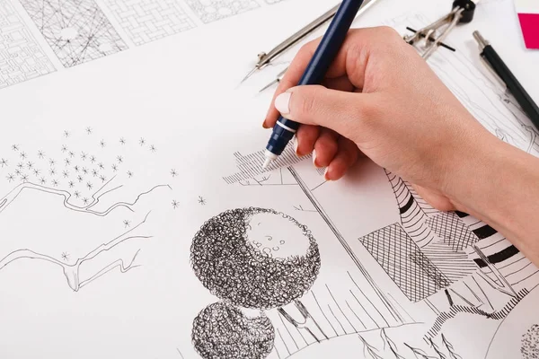 Architect drawing architectural project closeup — Stock Photo, Image