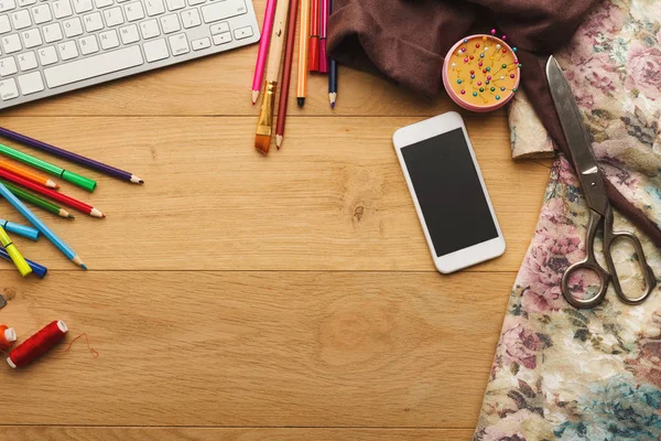 Workspace of fashion designer, top view — Stock Photo, Image