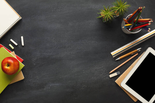 Desktop with various stationery for school education, top view