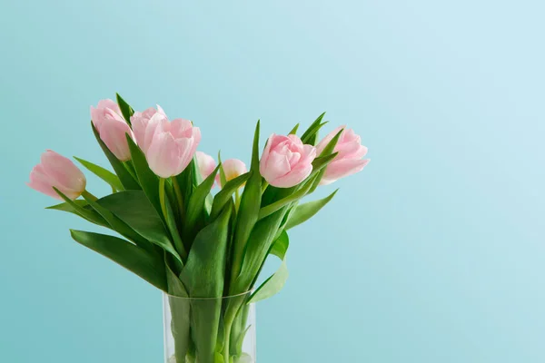 Ramo de tulipanes rosados sobre fondo azul — Foto de Stock