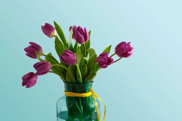 Fioletowe tulipany bukiet na niebieskim tle — Zdjęcie stockowe