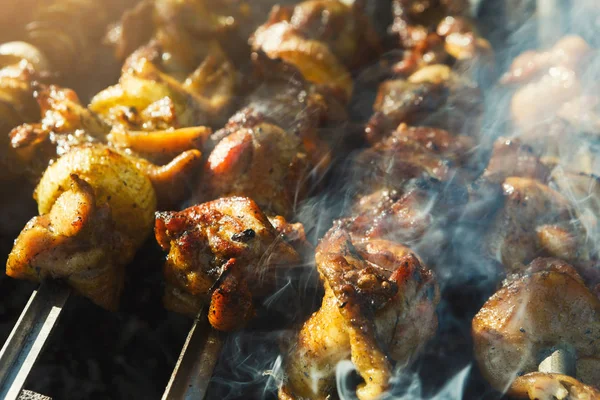 街头快餐食品节、 牛肉和鸡肉串在烧烤 — 图库照片