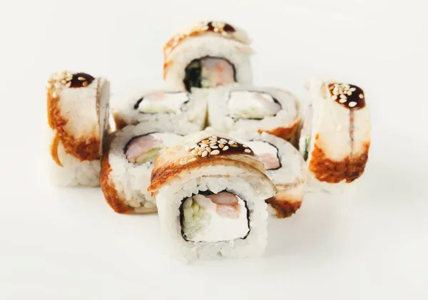 Set of fish rolls isolated on white, closeup — Stock Photo, Image