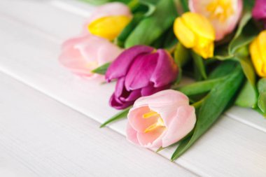 Parlak Lale buketi Beyaz ahşap arka planda, kopya alanı