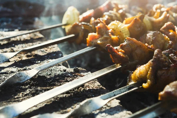 グリルで高速屋台祭、牛肉とチキン ケバブ — ストック写真