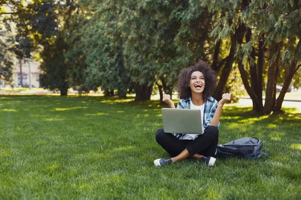 Jovencita alegre usando laptop en el parque — Foto de Stock