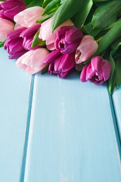Tulipas cor-de-rosa em fundo de madeira azul, espaço de cópia — Fotografia de Stock