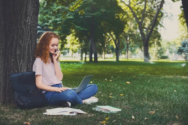 Kızıl saçlı öğrenci kız rahat açık havada hareket eden söz ve bir ağacın altında oturup dizüstü bilgisayar kullanarak
