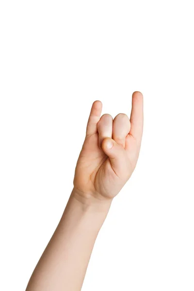 Dziecko ręki Dokonywanie rocknroll gest na białym tle — Zdjęcie stockowe