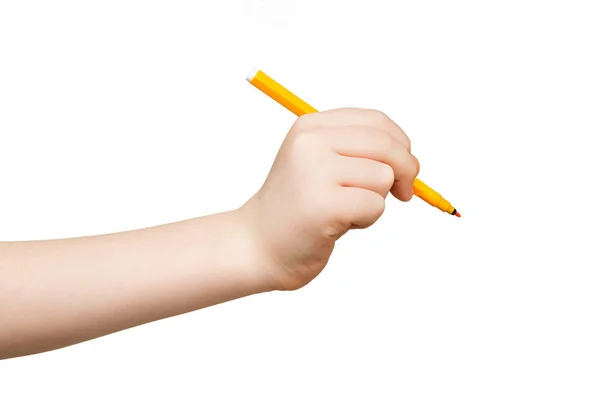 Kid hand holding felt-tip pen isolated on white — Stock Photo, Image