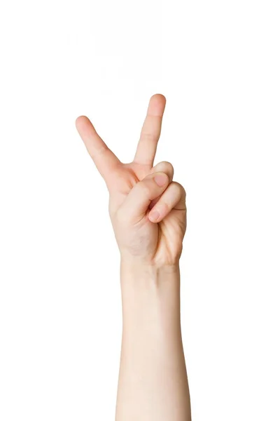 Kid hand shows number two on white background — Stock Photo, Image