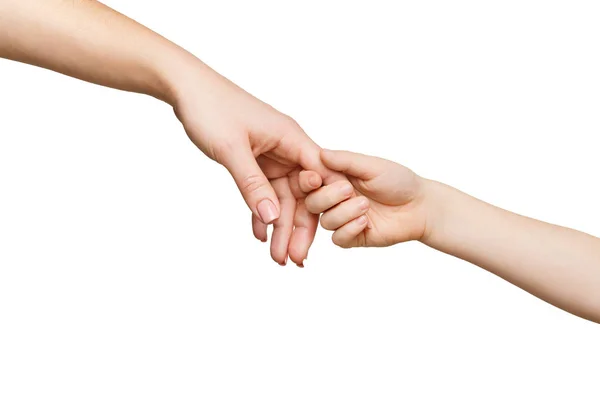 Ребенок держит матерей за палец, изолированный на белом — стоковое фото