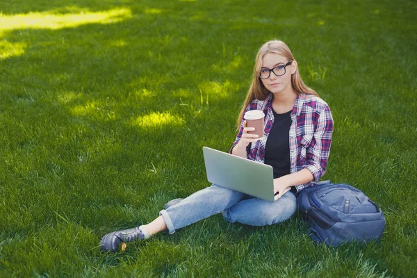 Serieuze jonge vrouw met laptop in park — Stockfoto