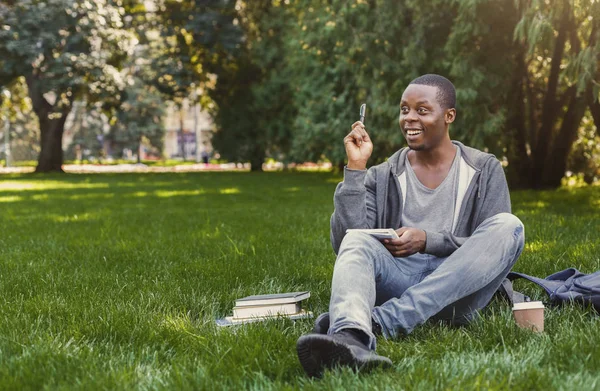 Fröhliche afrikanisch-amerikanische Studentin sitzt mit Notizbuch auf Gras — Stockfoto