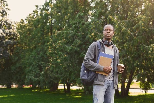 Estudante afro-americano com livros no parque ao ar livre — Fotografia de Stock
