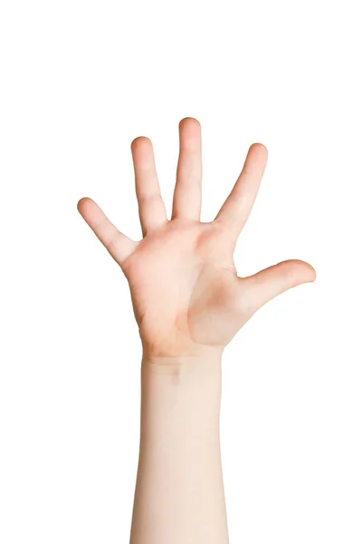 Το χέρι το παιδί δείχνει αριθμό πέντε σε λευκό φόντο — Φωτογραφία Αρχείου
