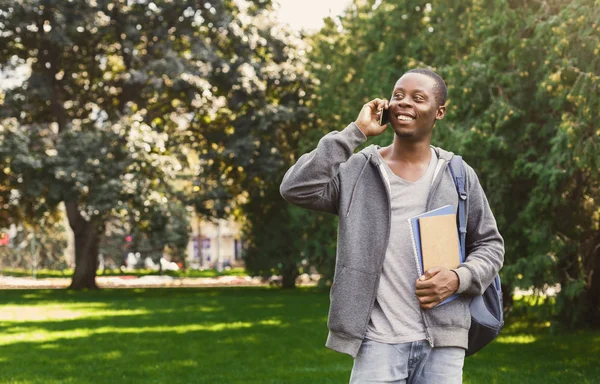 Feliz estudiante afroamericano hablando por teléfono inteligente en el parque — Foto de Stock