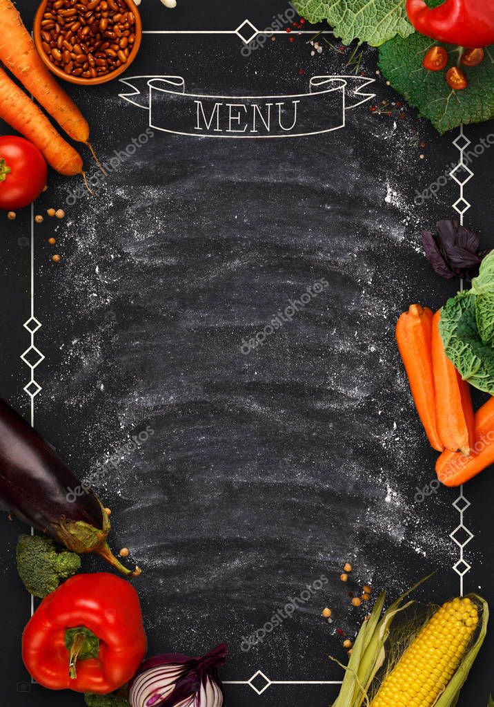 Design concept for restaurant menu mockup. Black rustic chalkboard with white inscription and vegetables frame, top view, copy space for text and logo, vegetarian cafe concept