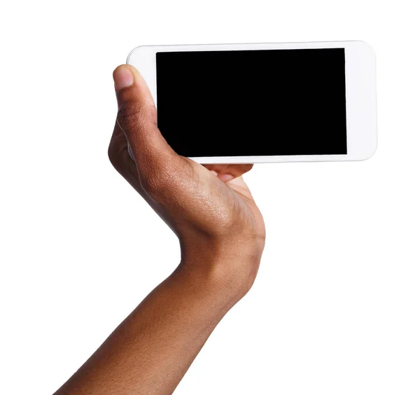 Black hand holding mobile smart phone with blank screen — Stock Photo, Image