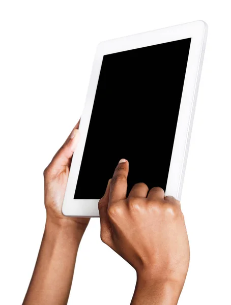 Holding and pointing to blank screen on tablet — Stock Photo, Image