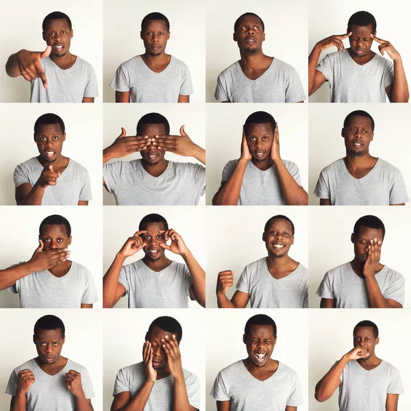 Conjunto de retratos de hombres negros con diferentes emociones — Foto de Stock