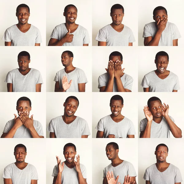 Conjunto de retratos de hombres negros con diferentes emociones — Foto de Stock