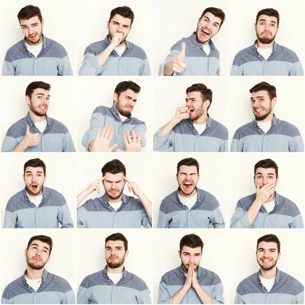 Conjunto de hombre joven diferentes emociones en el fondo blanco del estudio — Foto de Stock