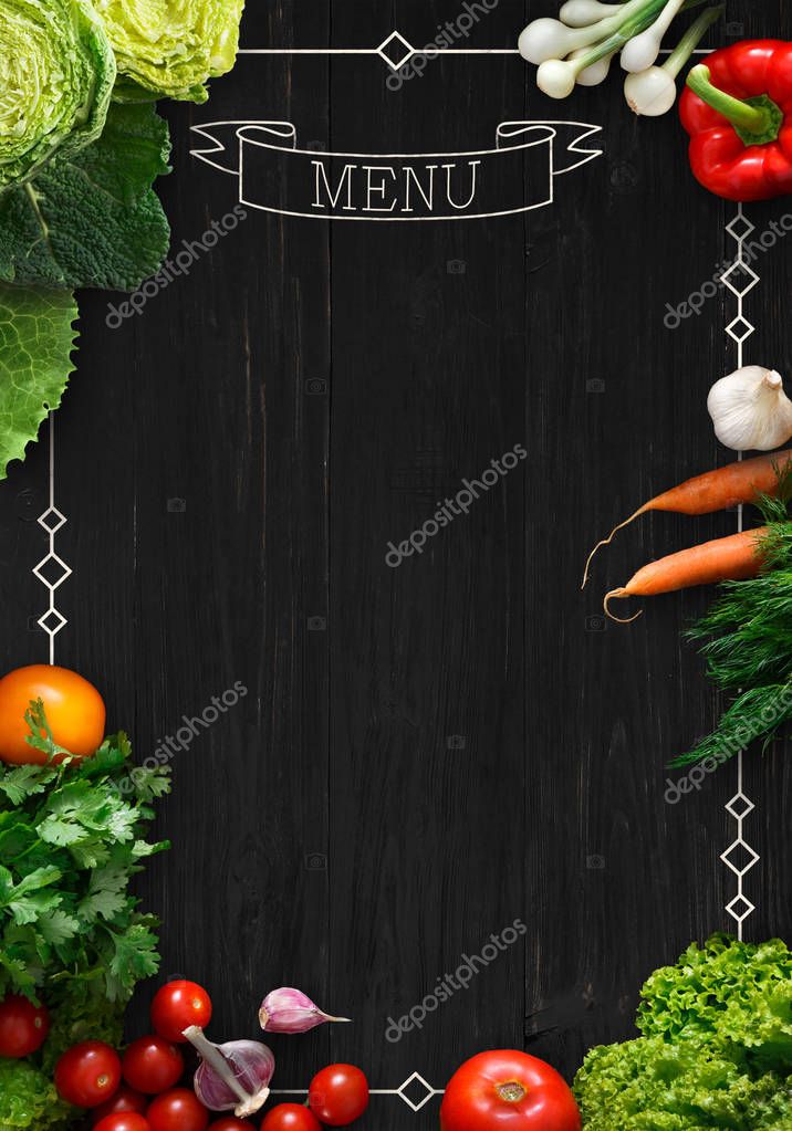 Design concept for restaurant menu mockup. Black rustic chalkboard with white inscription and vegetables frame, top view, copy space for text and logo, vegetarian cafe concept