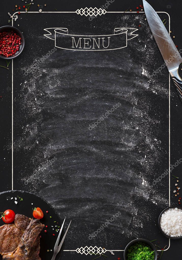 Design concept for restaurant meat and grill menu mockup. Black rustic chalkboard with white inscription and frame, top view, copy space for text and logo
