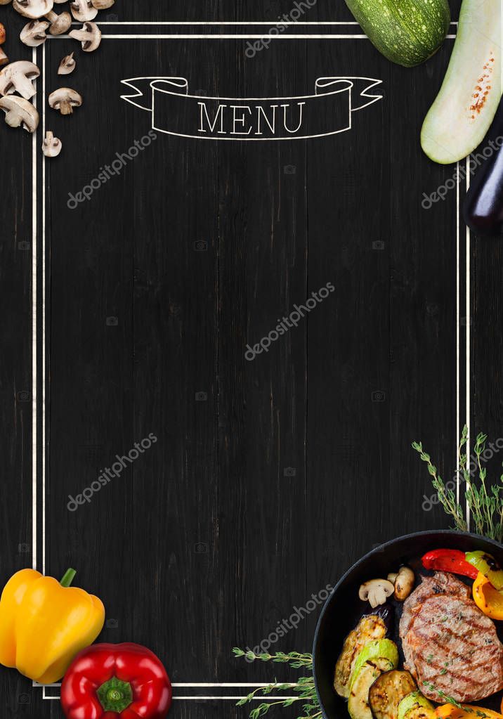 Design concept for restaurant meat and grill menu mockup. Black rustic chalkboard with white inscription and frame, top view, copy space for text and logo