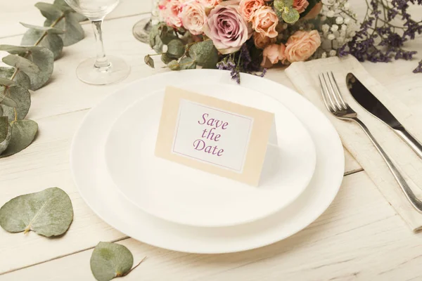 Wedding card with text on white plate — Stock Photo, Image