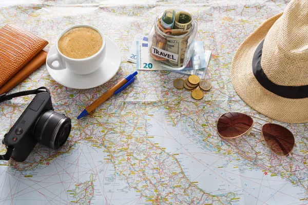 Travel planning concept. Tourist stuff on map background