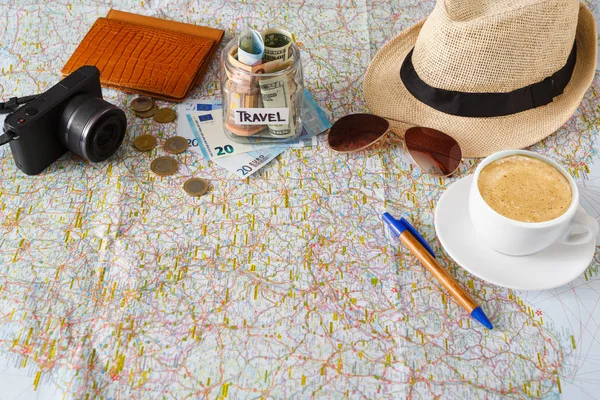 Travel planning concept. Tourist stuff on map background — Stock Photo, Image