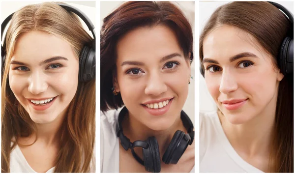 Collage of three girl listening to music in earphones