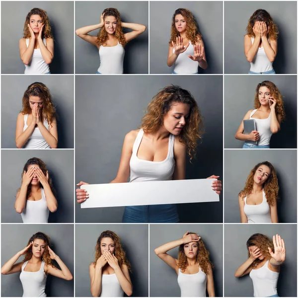 Emozioni set di giovane donna in studio sfondo — Foto Stock