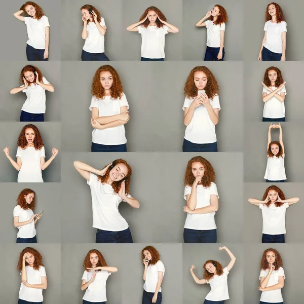 Emotions set of young woman at studio background — Stock Photo, Image
