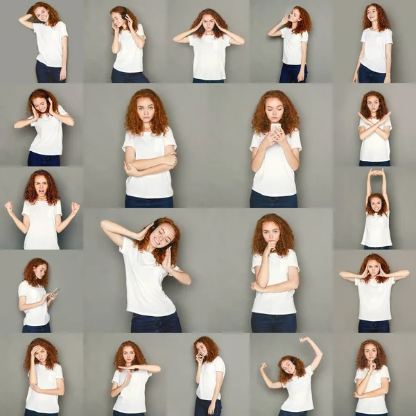 Emociones conjunto de mujer joven en el fondo del estudio —  Fotos de Stock