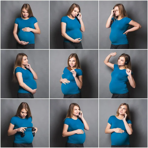 Збірка портретів вагітної жінки в різних позах на сірому фоні — стокове фото