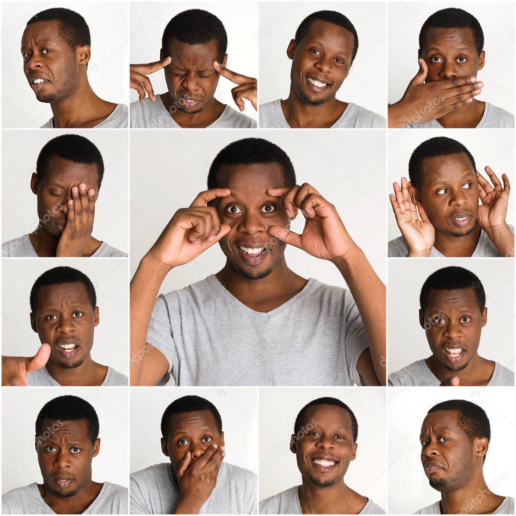 Set of black mans portraits with different emotions