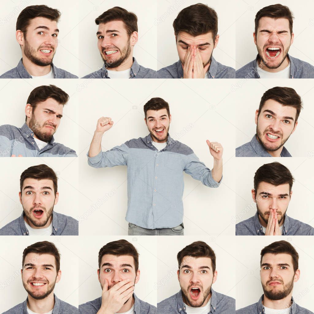 Set of young man different emotions at white studio background