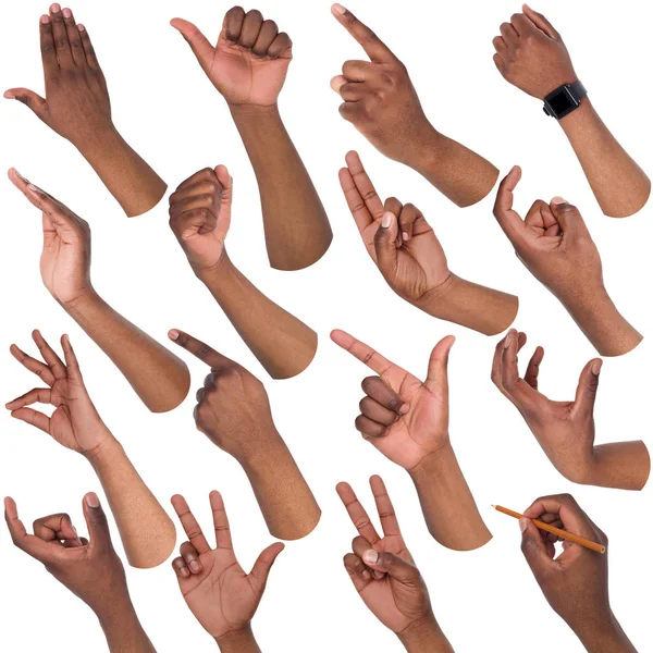 Conjunto de manos masculinas negras mostrando símbolos — Foto de Stock
