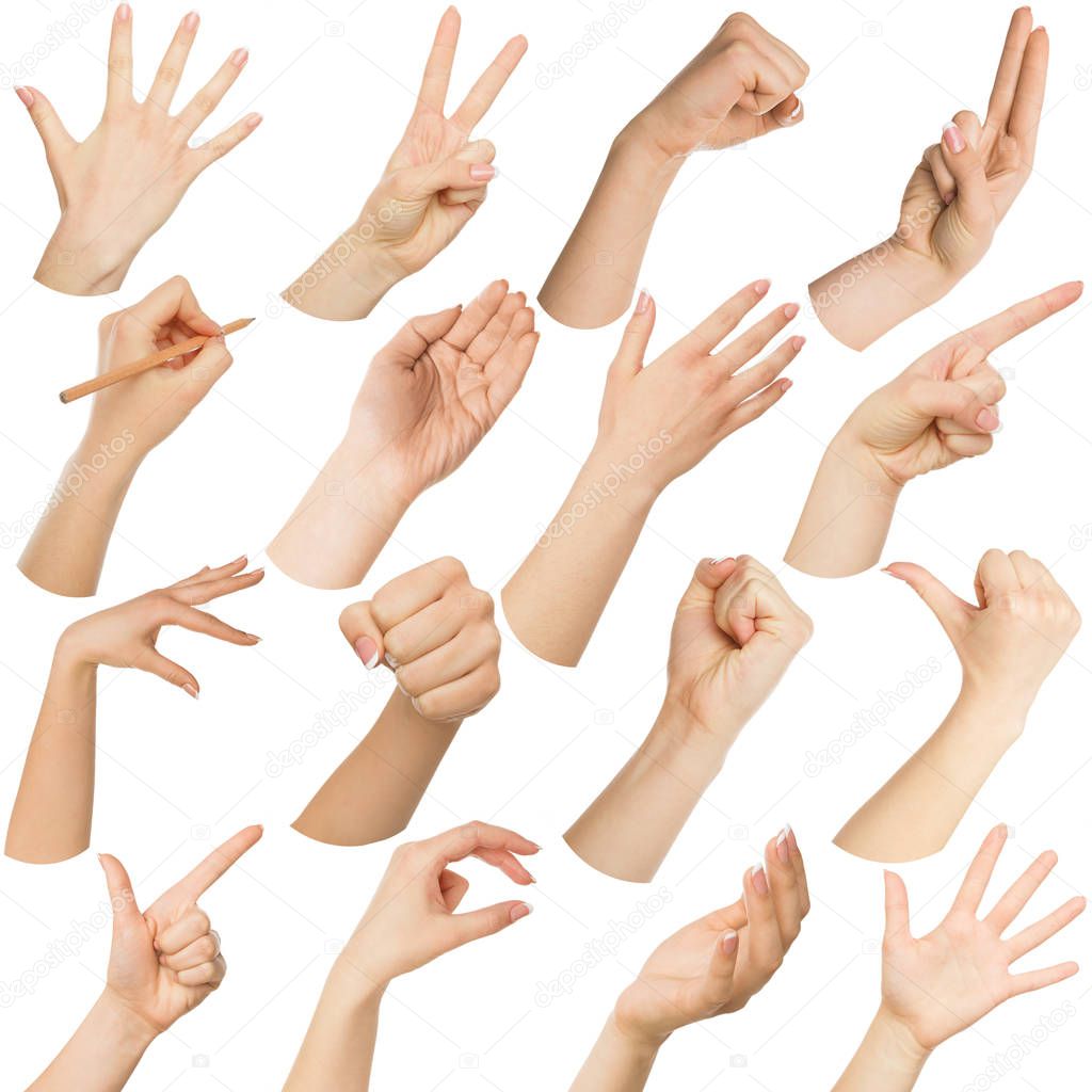 Set of white female hands showing symbols