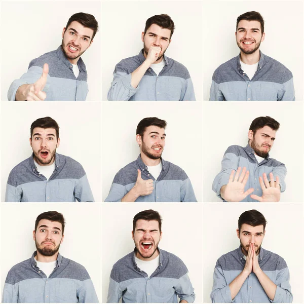 Conjunto de hombre joven diferentes emociones en el fondo blanco del estudio — Foto de Stock