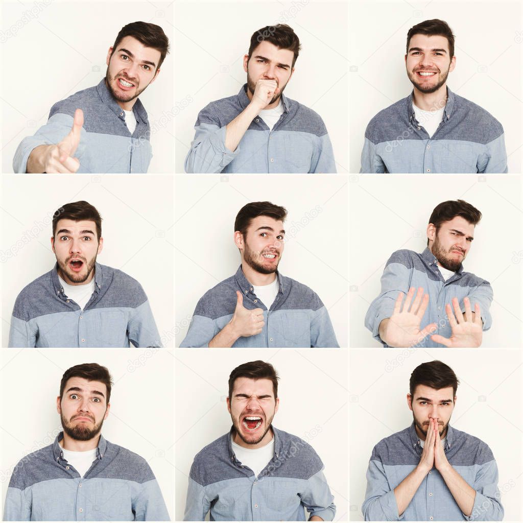 Set of young man different emotions at white studio background