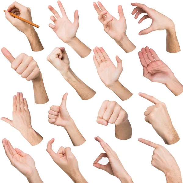 Conjunto de mãos masculinas brancas mostrando símbolos — Fotografia de Stock
