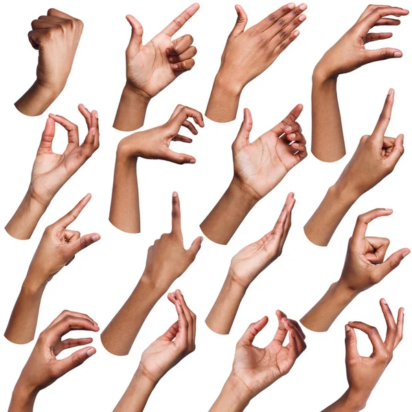 Conjunto de mãos femininas pretas mostrando símbolos — Fotografia de Stock
