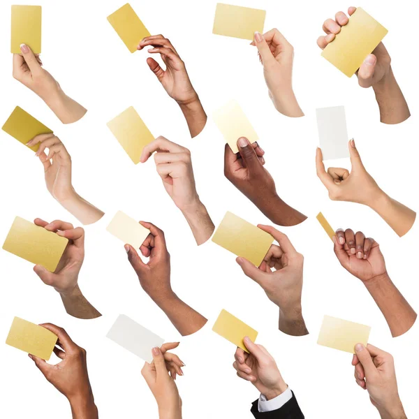 Diversas manos con tarjetas de visita. Set, aislado en blanco . — Foto de Stock