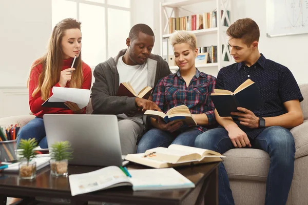 Ομάδα διαφορετικών φοιτητών που σπουδάζουν στο σπίτι ατμόσφαιρα στον καναπέ — Φωτογραφία Αρχείου