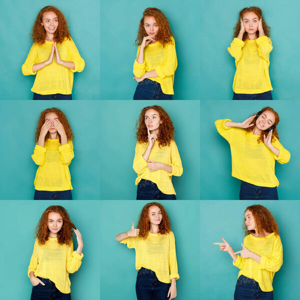 Emotions set of young woman at studio background