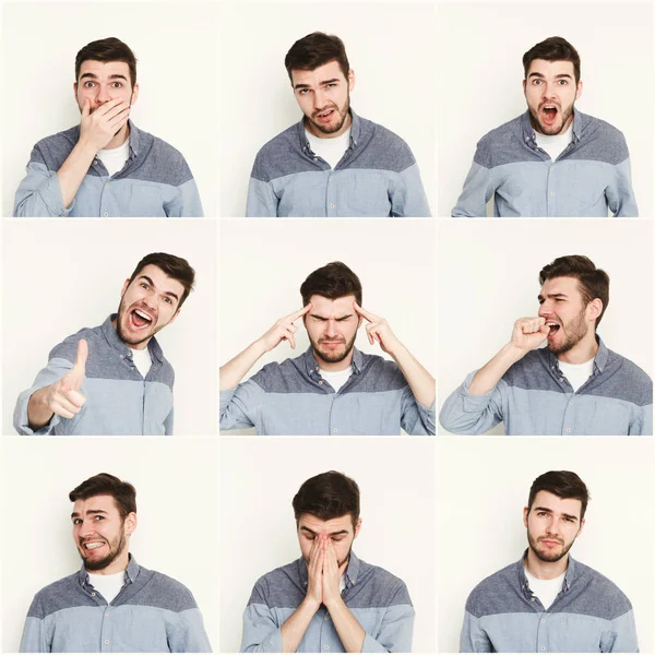 Conjunto de hombre joven diferentes emociones en el fondo blanco del estudio — Foto de Stock